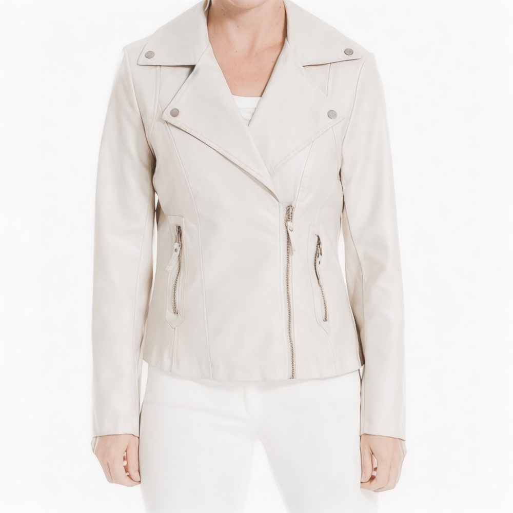 MAX STUDIO Cream Washed Faux Leather Moto Jacket Size S